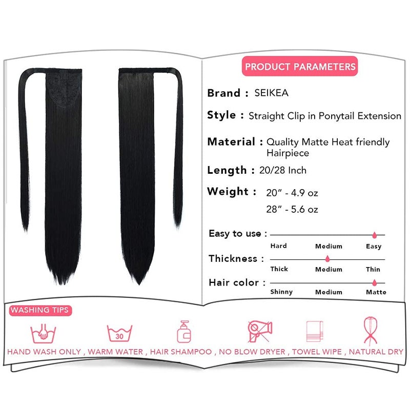 SEIKEA Clip in Ponytail Extension Wrap Around Long Straight Pony Tail Hair 28 Inch Synthetic Hairpiece - Black - Image 3